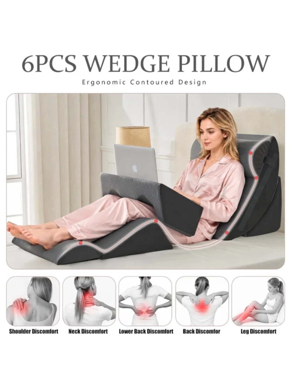 6-Piece Orthopedic Wedge Pillow Set, One Size, Grey
